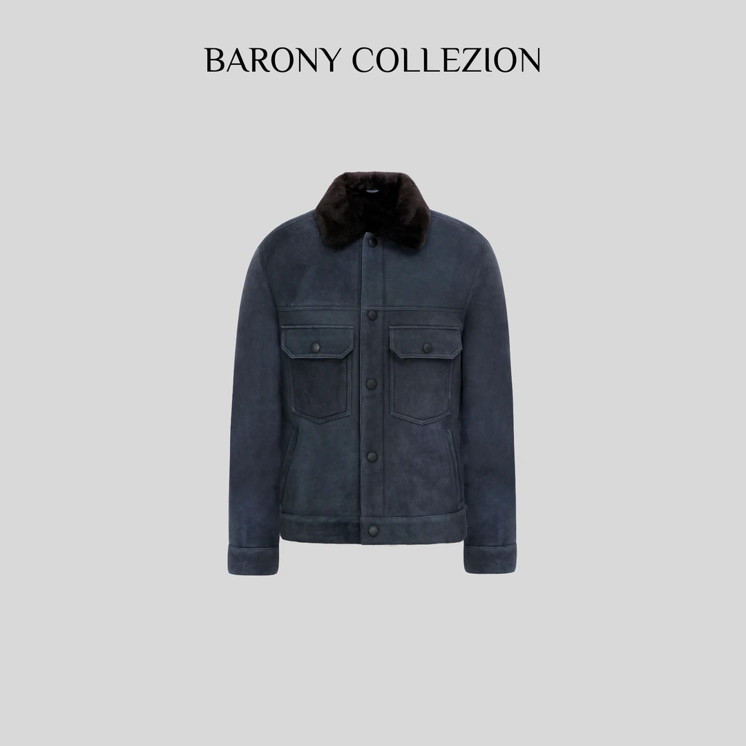 ‘BARONY’【81311】男士短款时尚休闲皮毛一体外套男款百搭秋冬翻领