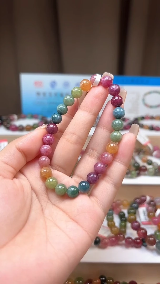 手串未镶嵌碧玺7.8mm艳丽彩虹色高阶油画体单圈手串