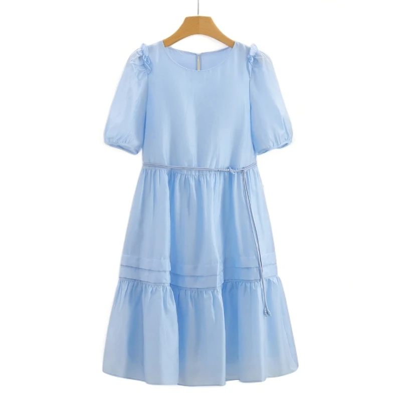 F1313-【依】淑女木耳边圆领短袖连衣裙#WYX56L064