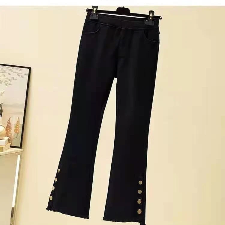 【胖彤彤】8902#裤腿毛穗钮扣微喇裤Y/018