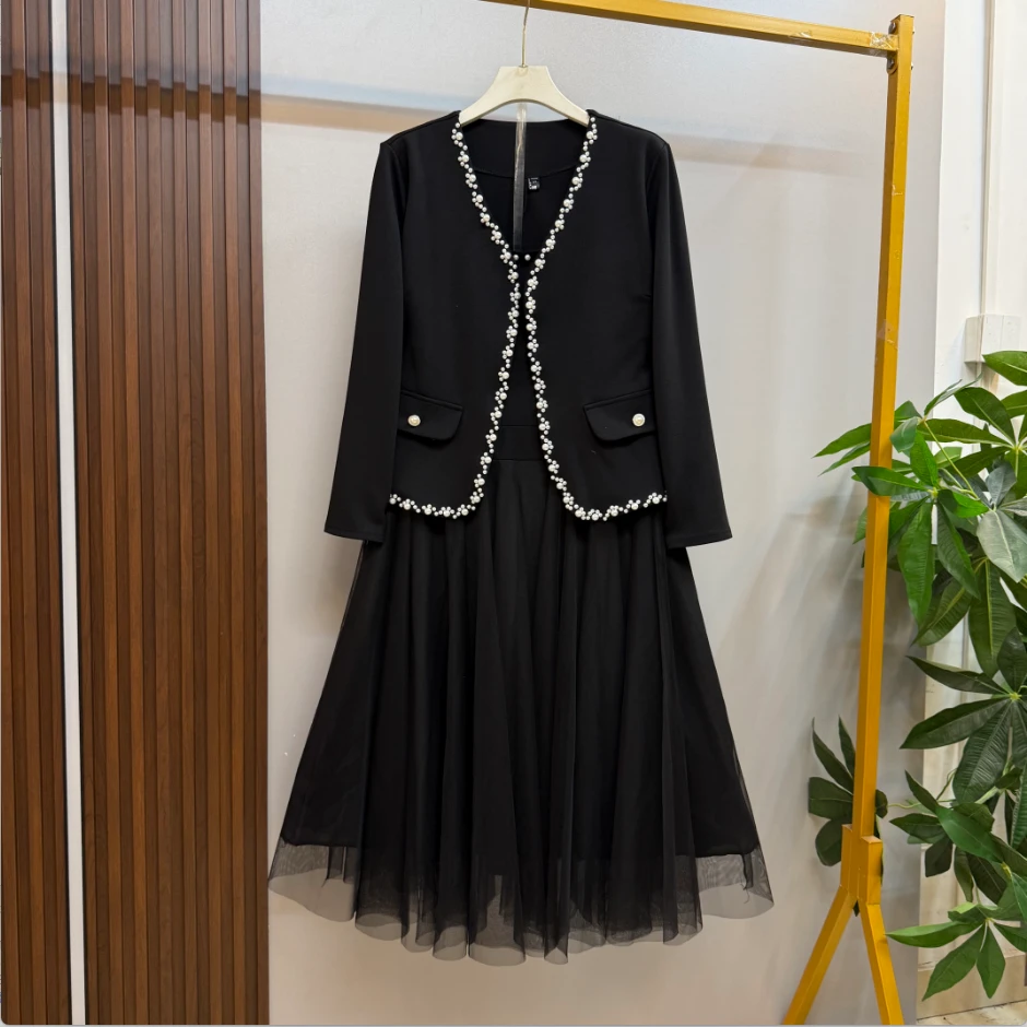 早秋新款时尚气质重工钉珠外套吊带连衣裙两件套套装