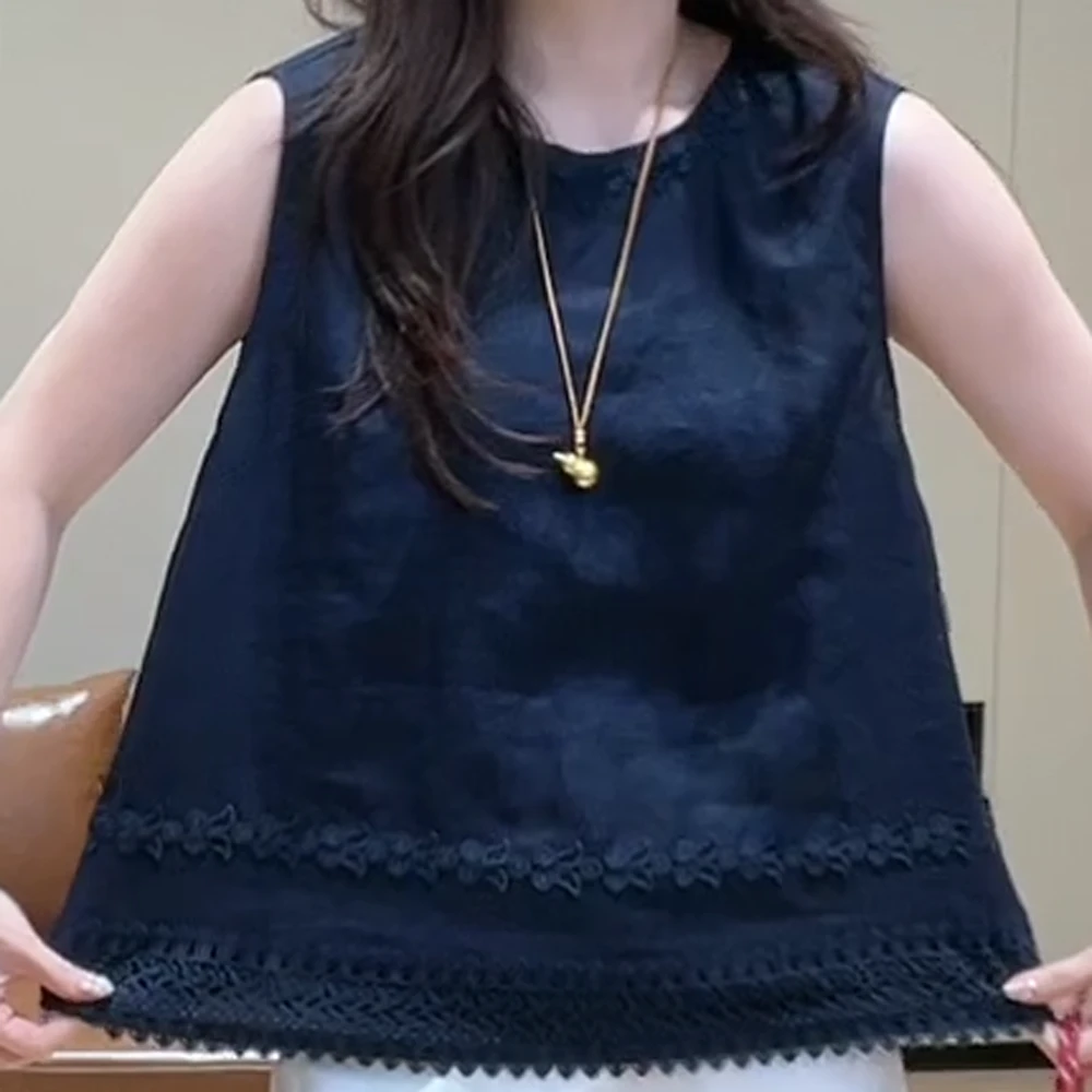 夏季新款刺绣花边圆领无袖宽松百搭上衣中国风