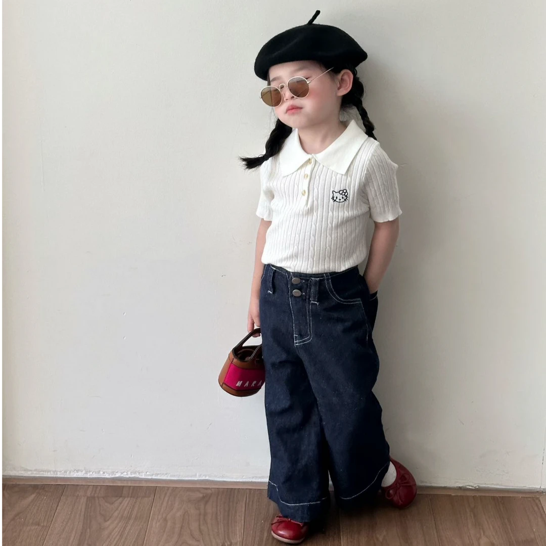 夏季薄款针织短袖男女童复古学院风领刺绣T恤POLO短袖上衣休闲