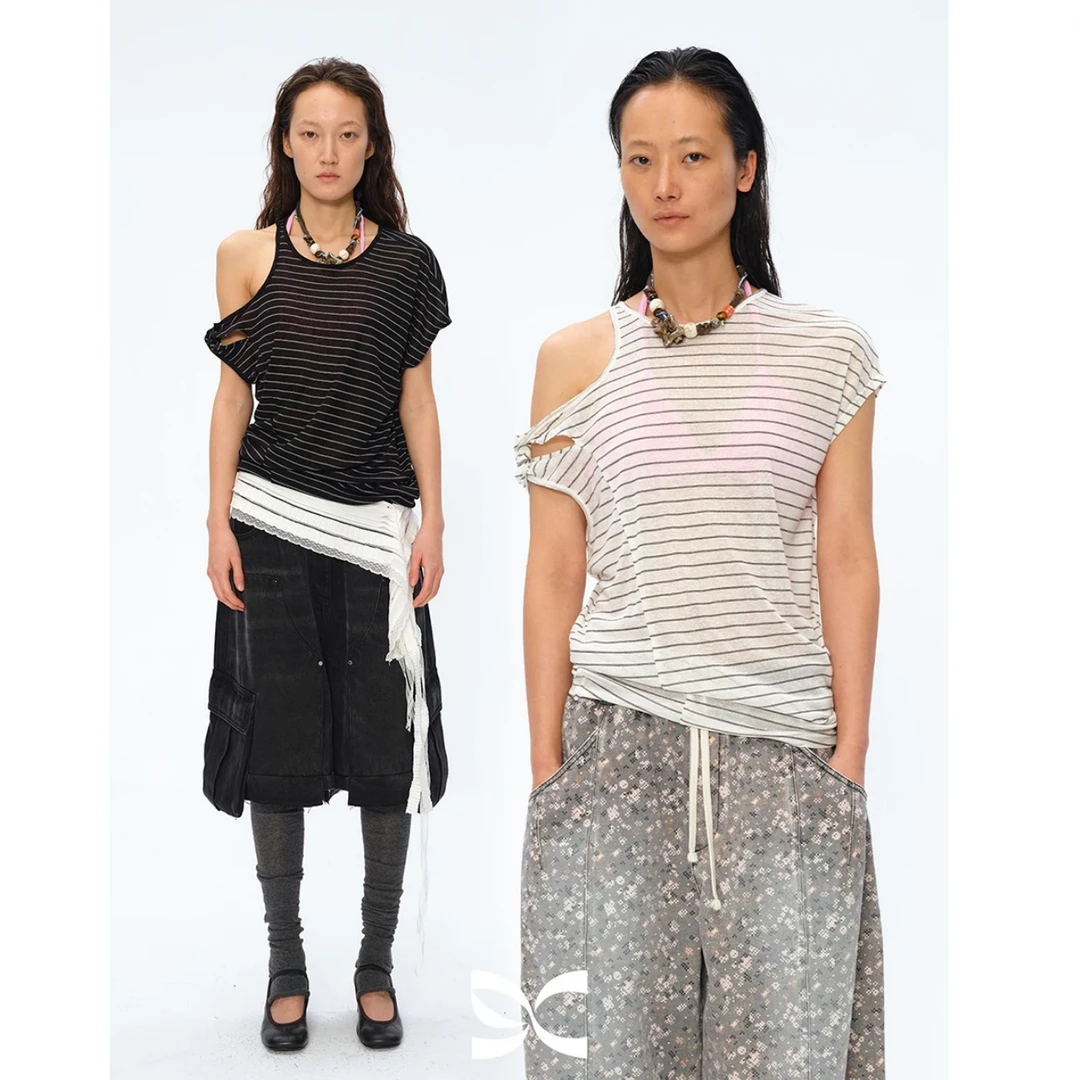 河岸家买手店设计师square circle方圆条纹两穿露肩短袖T恤25春夏