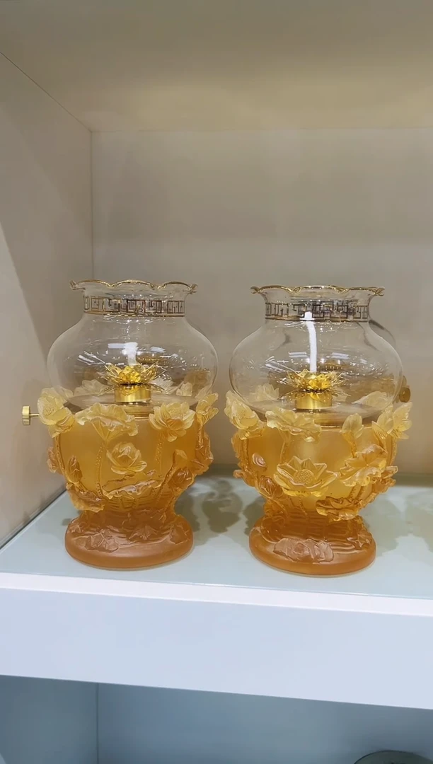 手工艺品琉璃信**好古法琉璃荷花油灯小号2 套摆件