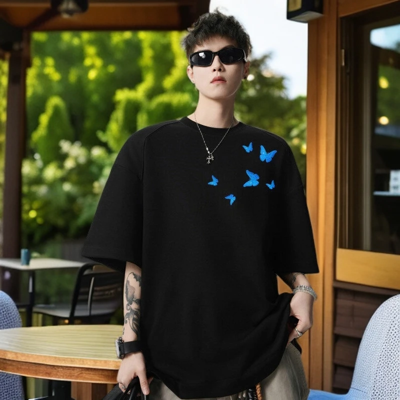 蝴蝶刺绣短袖t恤男士夏季休闲圆领100%纯棉重磅240g情侣半袖男女