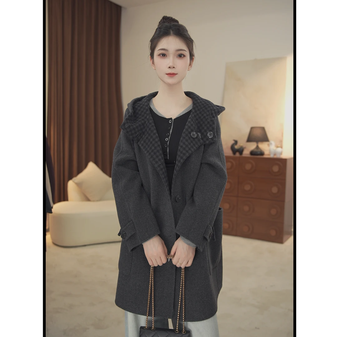 【山羊绒+绵羊毛】秋冬上新高级感双面穿连帽格子韩系减龄羊毛大衣