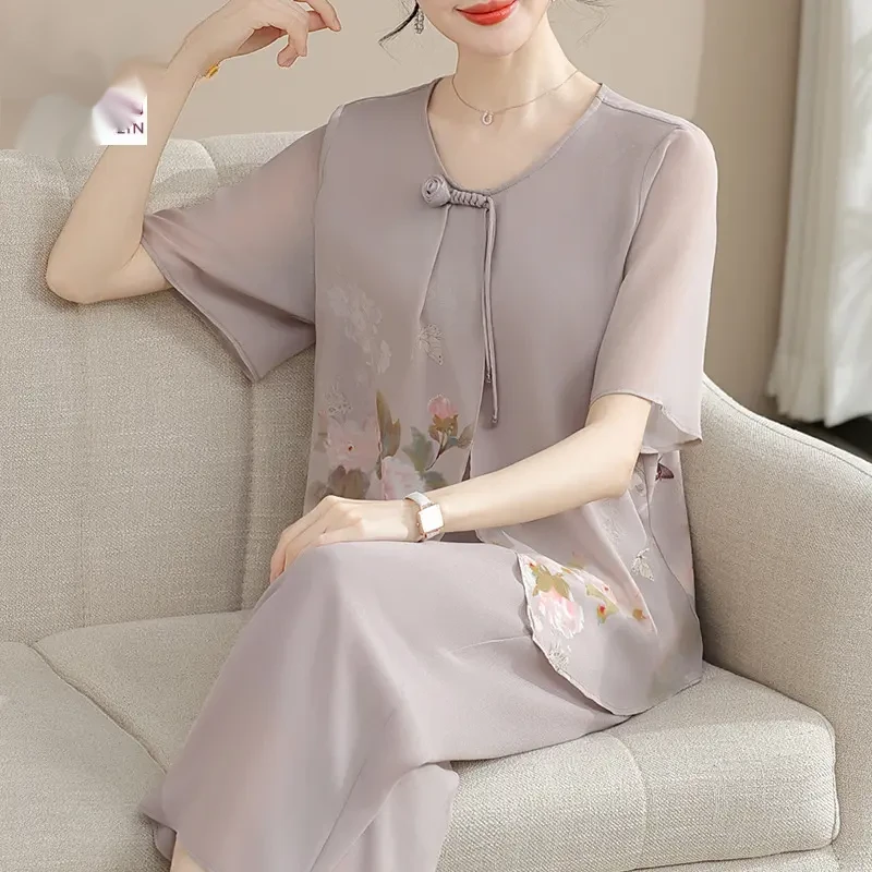 新中式妈妈夏装套装气质雪纺小衫洋气中老年女装夏季国风