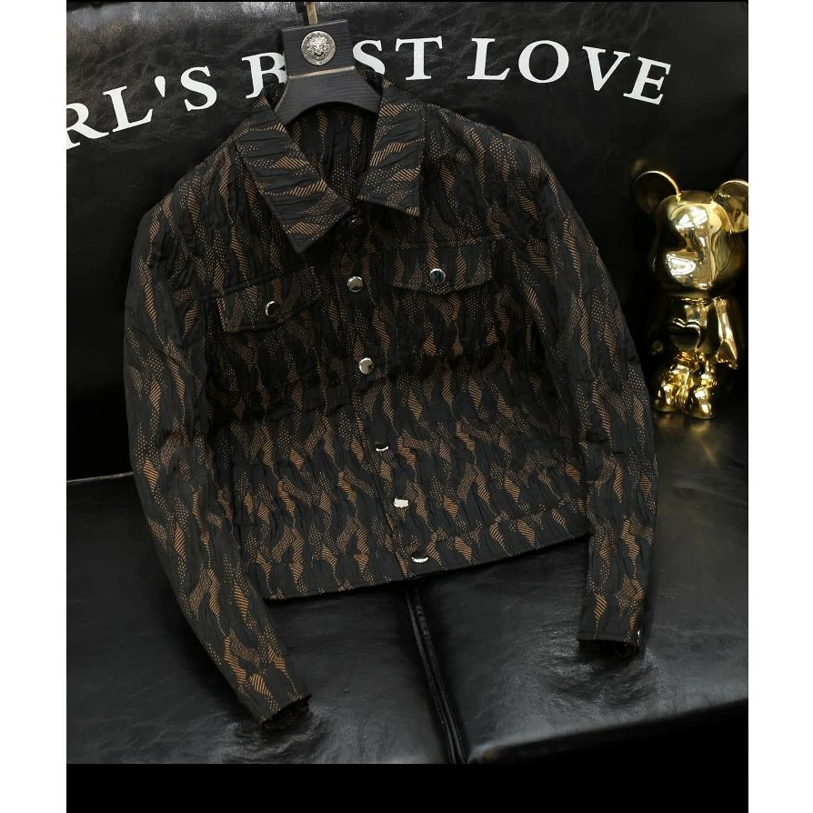 轻奢高街帅气时尚翻领夹克男士春秋季设计感提花复古休闲百搭外套