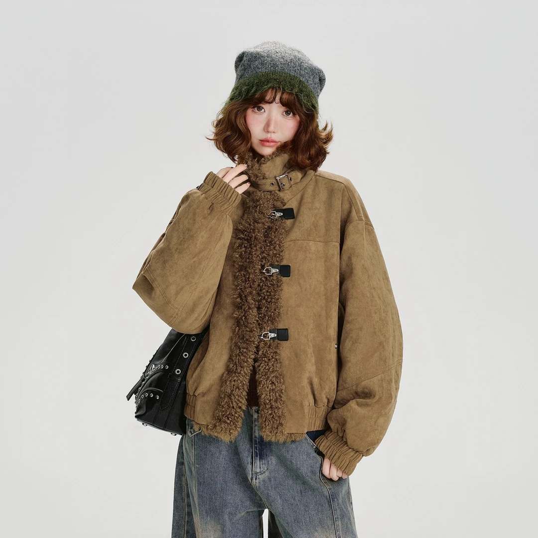 美式复古羊羔绒毛拼接外套女秋冬季2025新款高级感百搭显瘦上衣