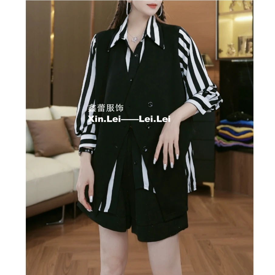 【鑫蕾】条纹假两件衬衫马甲复古设计感轻熟风上衣28653