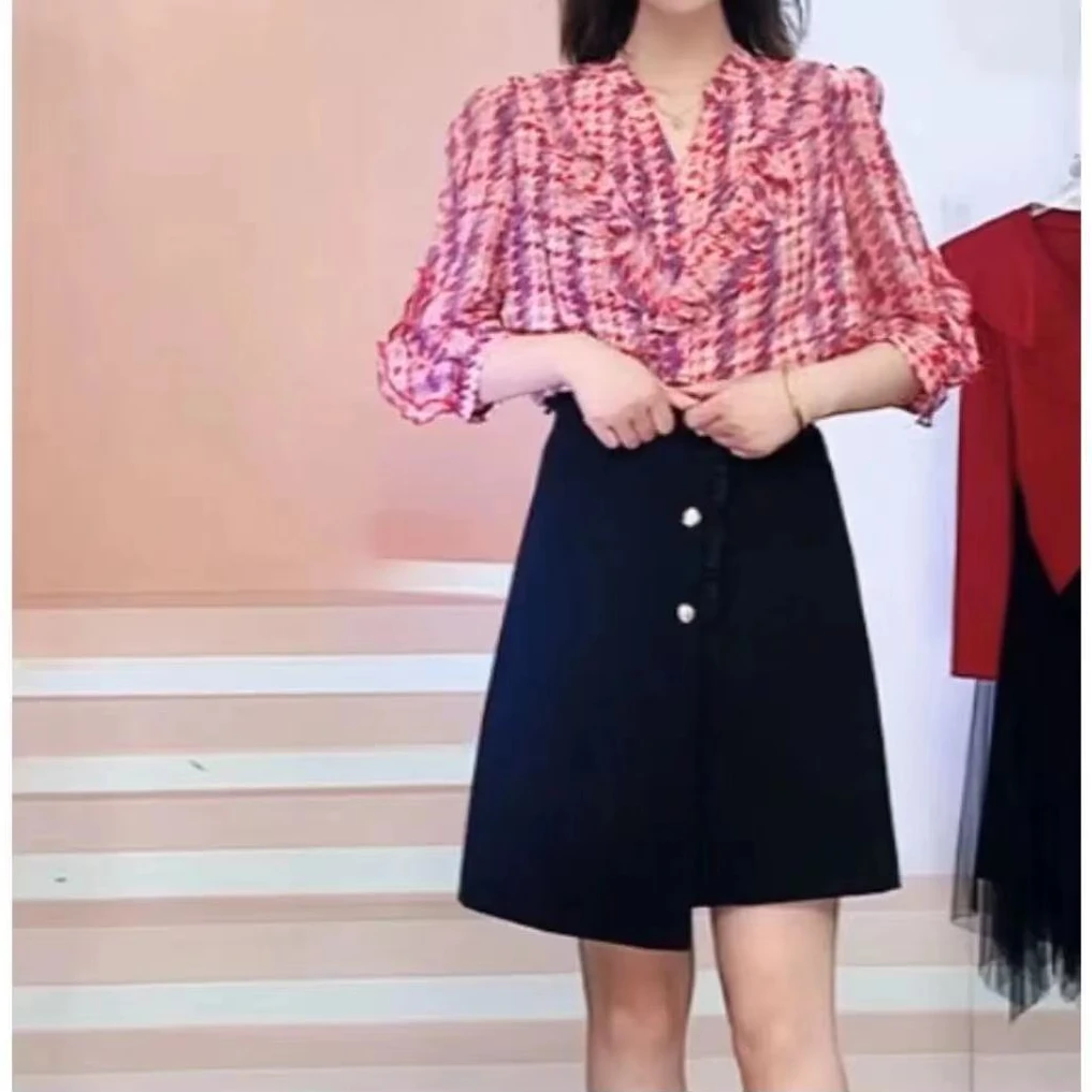 【SY118】立领衬衫女时尚新款洋气减龄荷叶边衬衣春季女士打结上衣