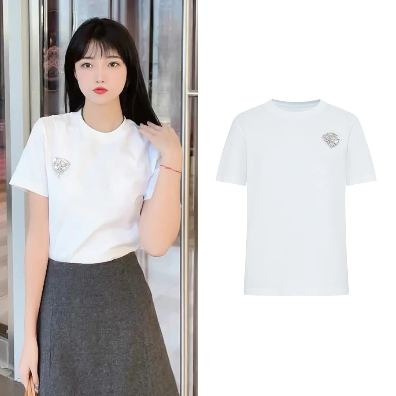 容诺 春装新品2025年春季爱心钉钻刺绣短袖棉质T恤女上24121