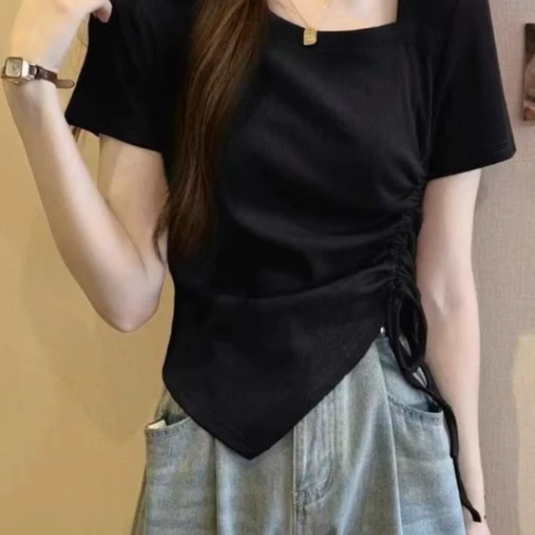 大码夏季抽绳别致不规则短袖修身显瘦斜领大码女装2025新款