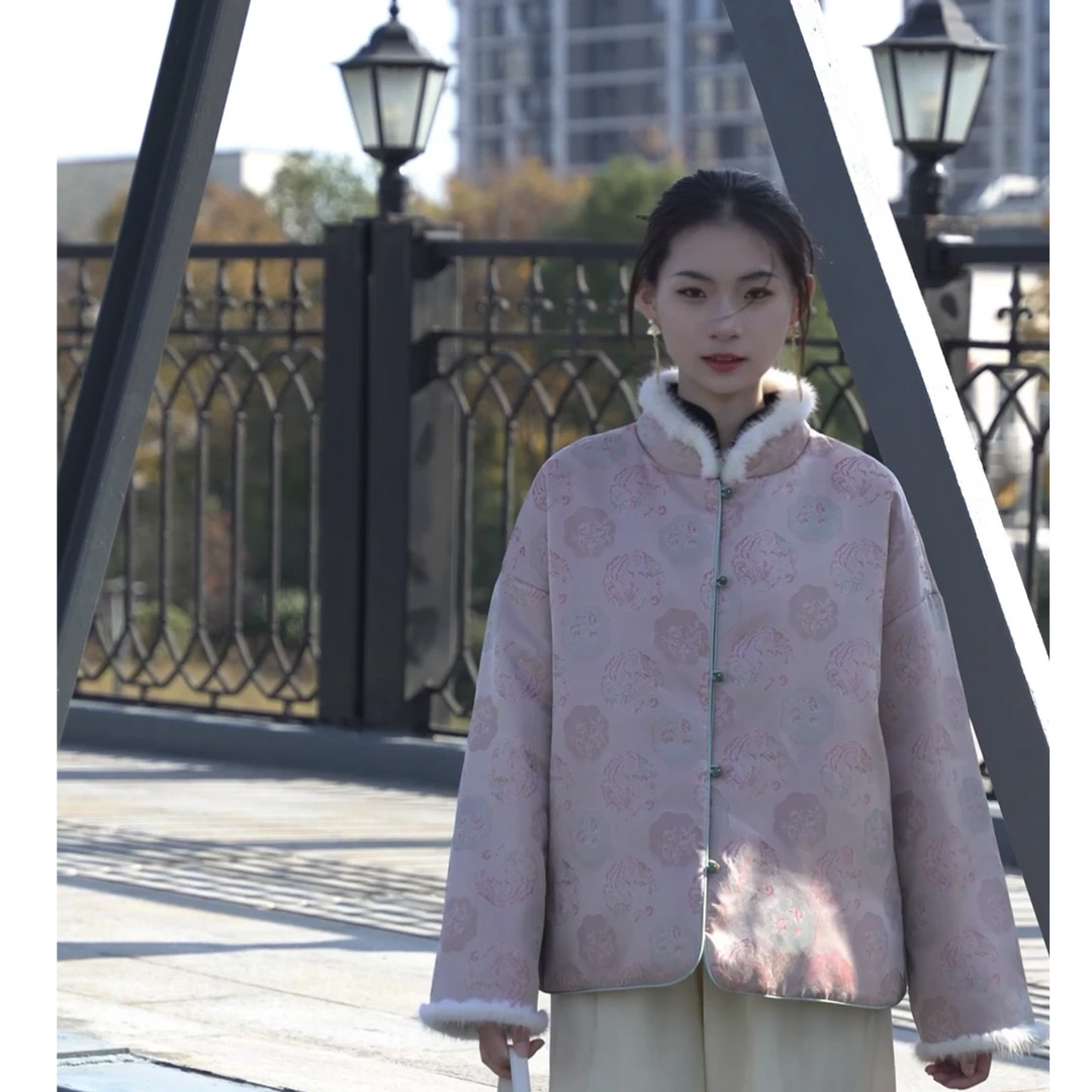 品妙家高密保暖羽绒服双面穿水貂鹅绒服宋锦100粉色羽绒服外套