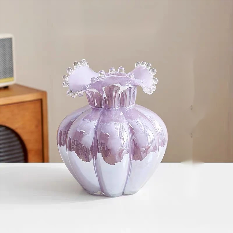 中古芬顿花瓶水滴客厅水养插鲜花高级感轻奢玻璃粉色创意简约琉璃