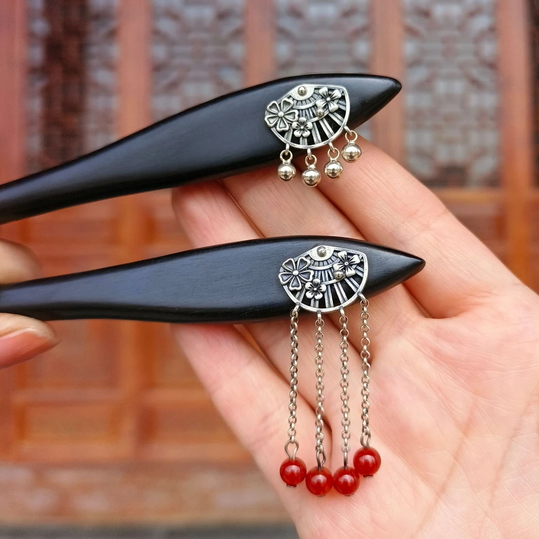 手工黑檀木发簪s925银配件旗袍发饰新中式复古国风扇子流苏步摇