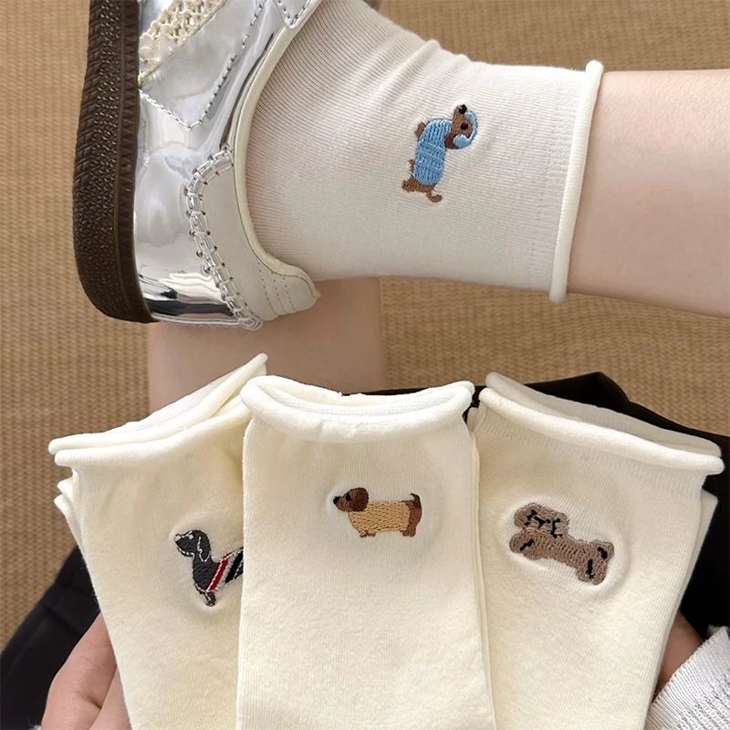 可爱小狗袜子女夏季薄款ins潮纯棉日系卡通卷边白色中筒堆堆长袜
