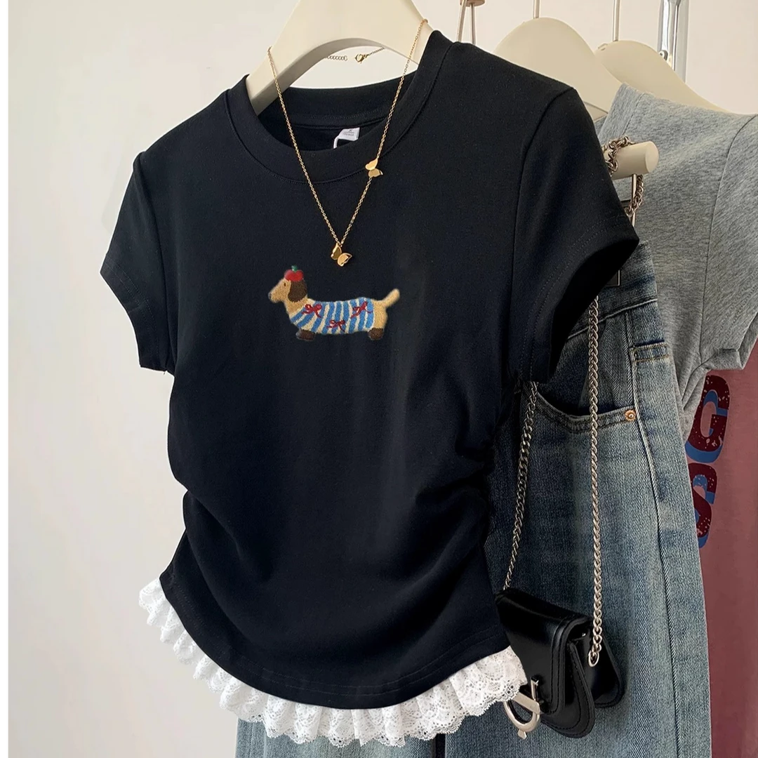 2025新款短袖收腰修身打底T恤短款夏季简约蕾丝拼接印花