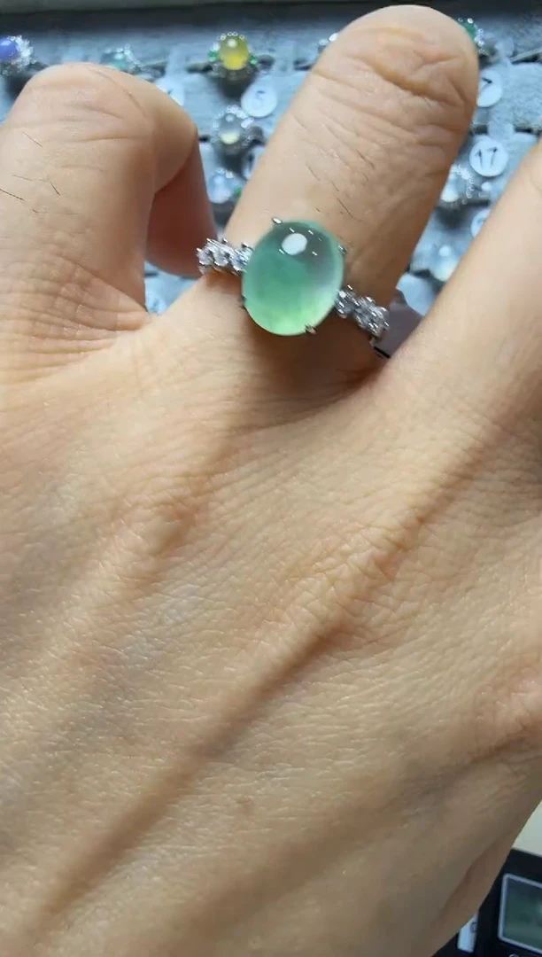 翡翠戒指银S925镶嵌925银镶缅甸A货翡翠戒指