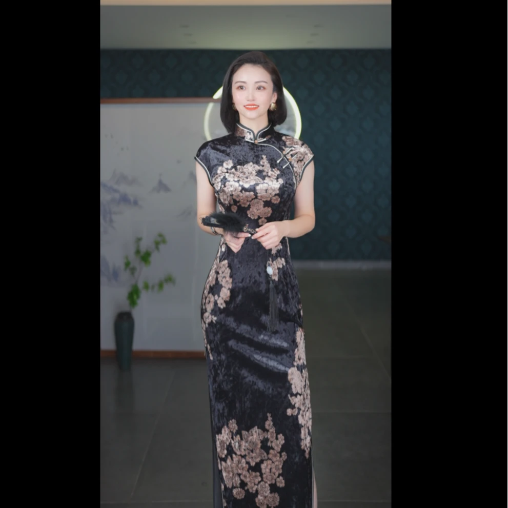 新款黑金花中国风优雅旗袍中式新款高端大气上档次大牌