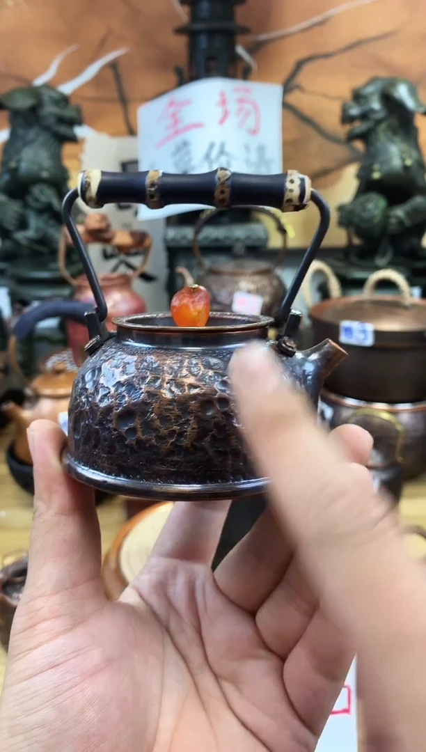 一***妞紫竹提梁小黑壶纯铜  加厚 石头纹