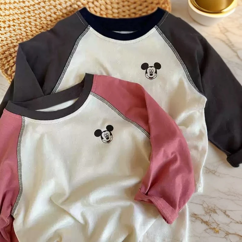 纯棉儿童长袖T恤春秋新款卡通米奇网格插肩拼色男女童圆领打底衫