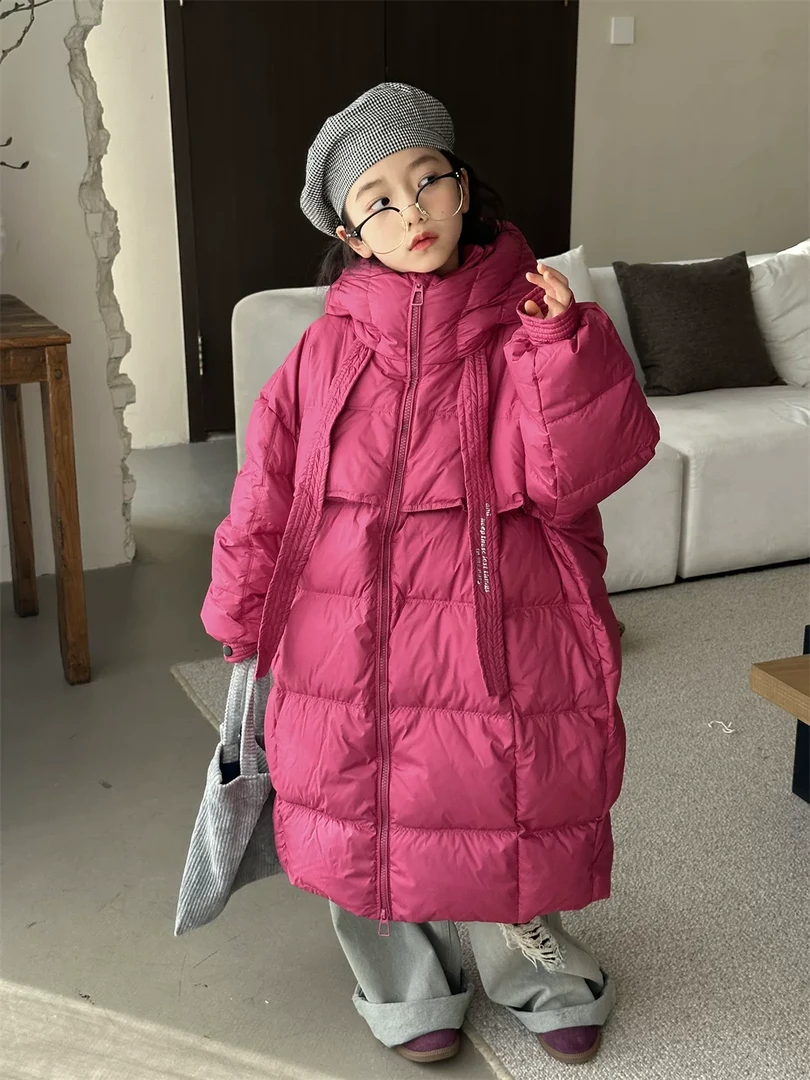 韩版女童羽绒服2024冬季新款儿童中长款加厚保暖白鸭绒外套中大童