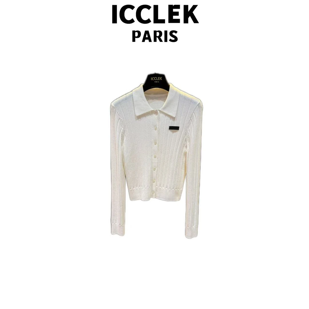 ICCLEK  白色翻领单排扣长袖针织衫气质轻奢名媛多巴胺风  - 5861