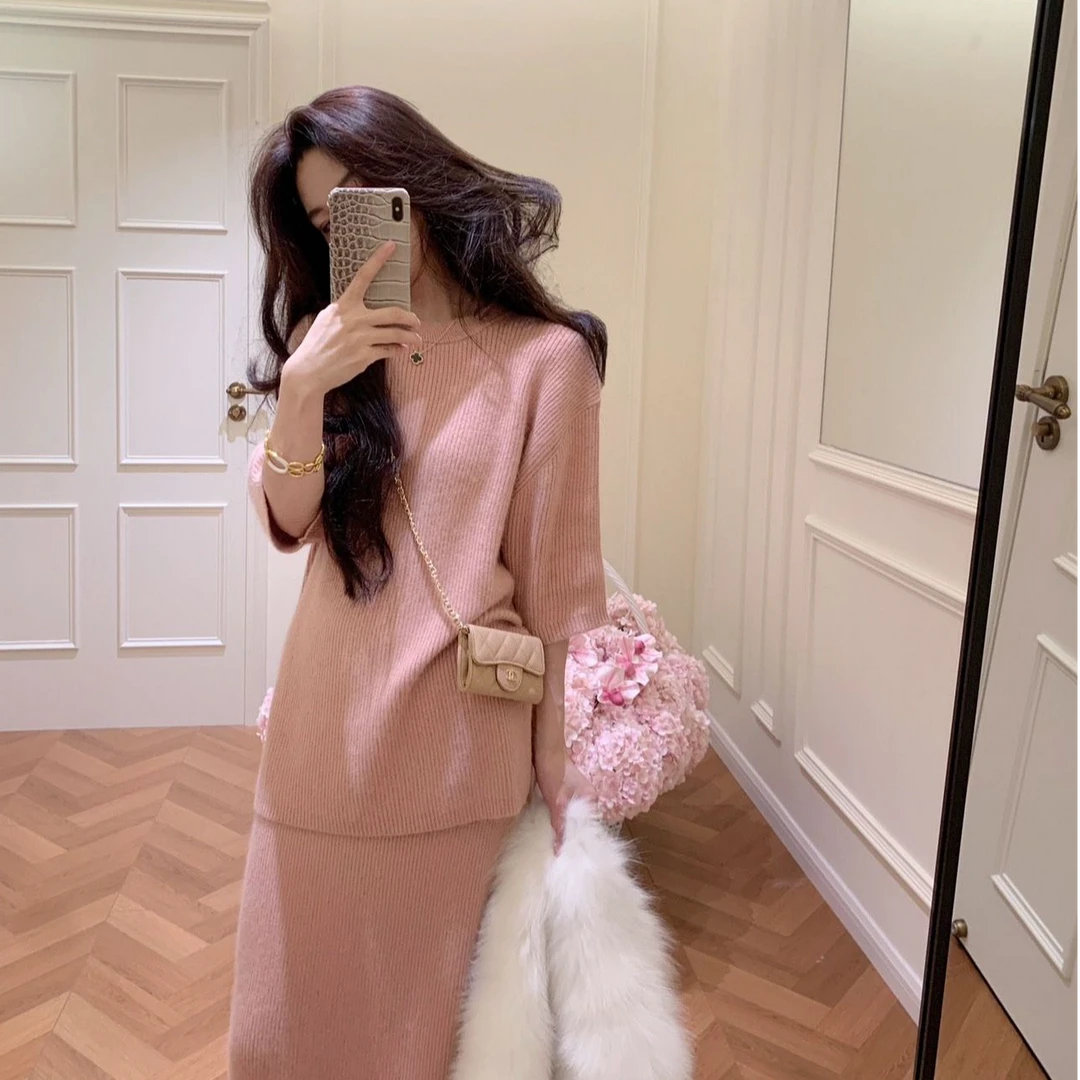 针织套头款圆领女装毛针织衫秋冬慵懒风中袖上衣气质长裙两件套