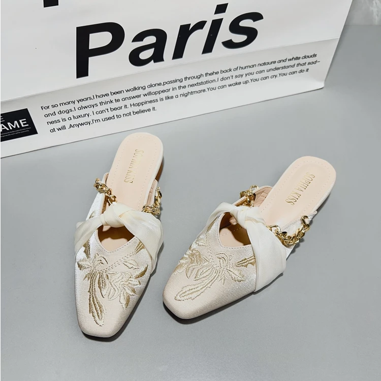 国风刺绣配旗袍新中式包头半拖鞋女外穿优雅百搭粗跟穆勒鞋凉拖鞋