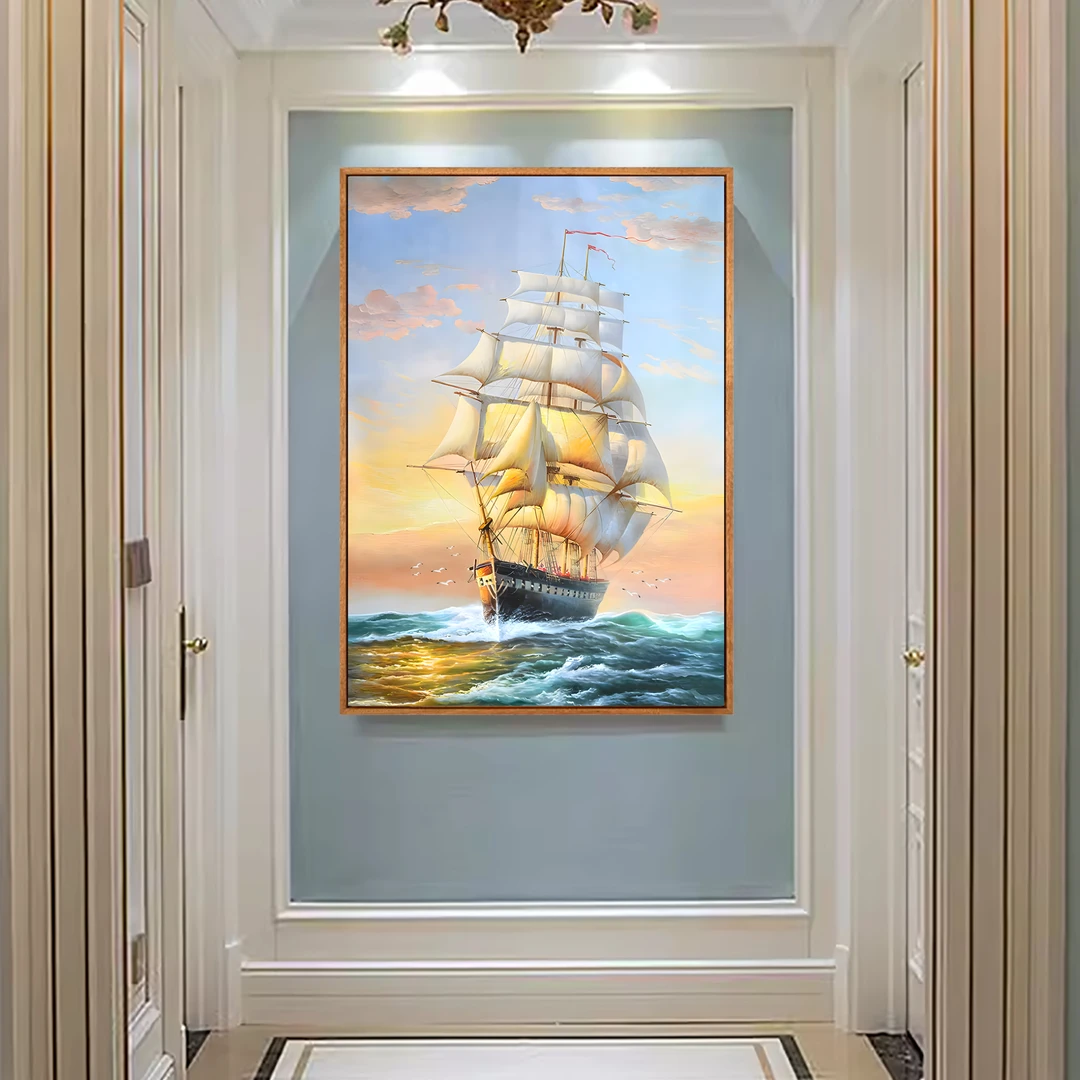 一帆风顺客厅装饰画大海帆船风景挂画走廊过道玄关竖版入户玄关画