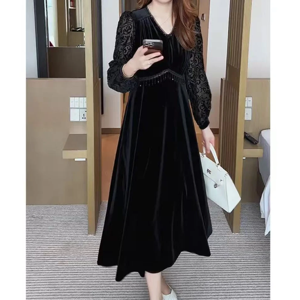 2025春秋新款气质连衣裙中长款时尚显瘦女裙子7010长106