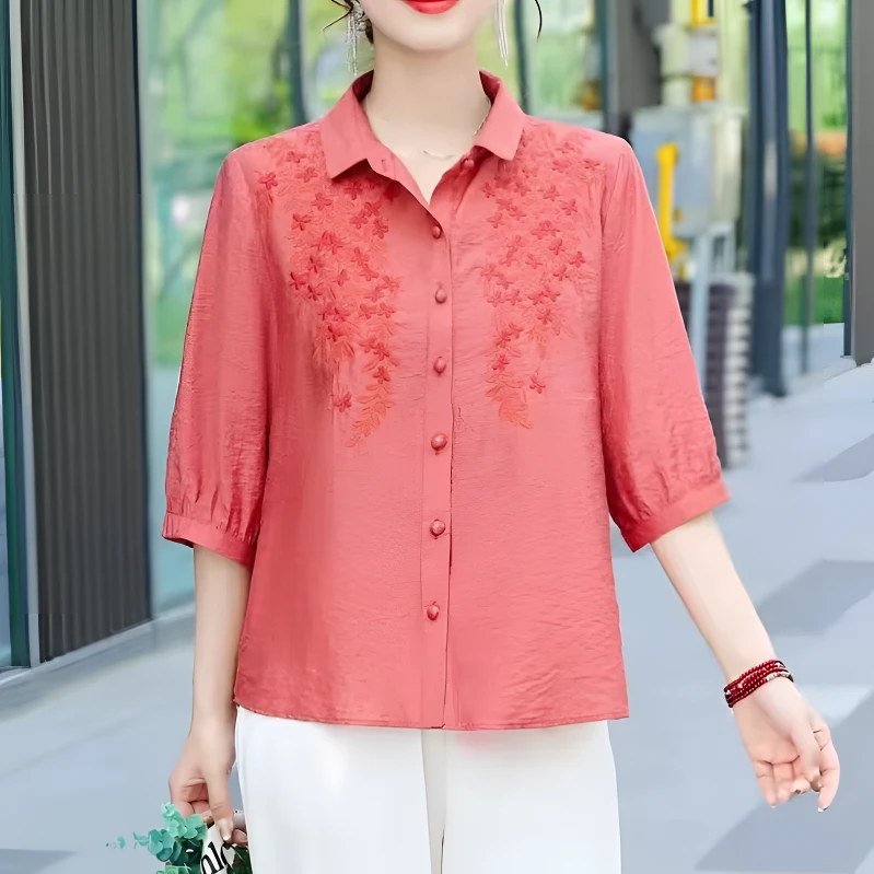 夏季薄款透气女士中袖衬衫纽扣开衫不起球刺绣款翻领七分袖衬衣