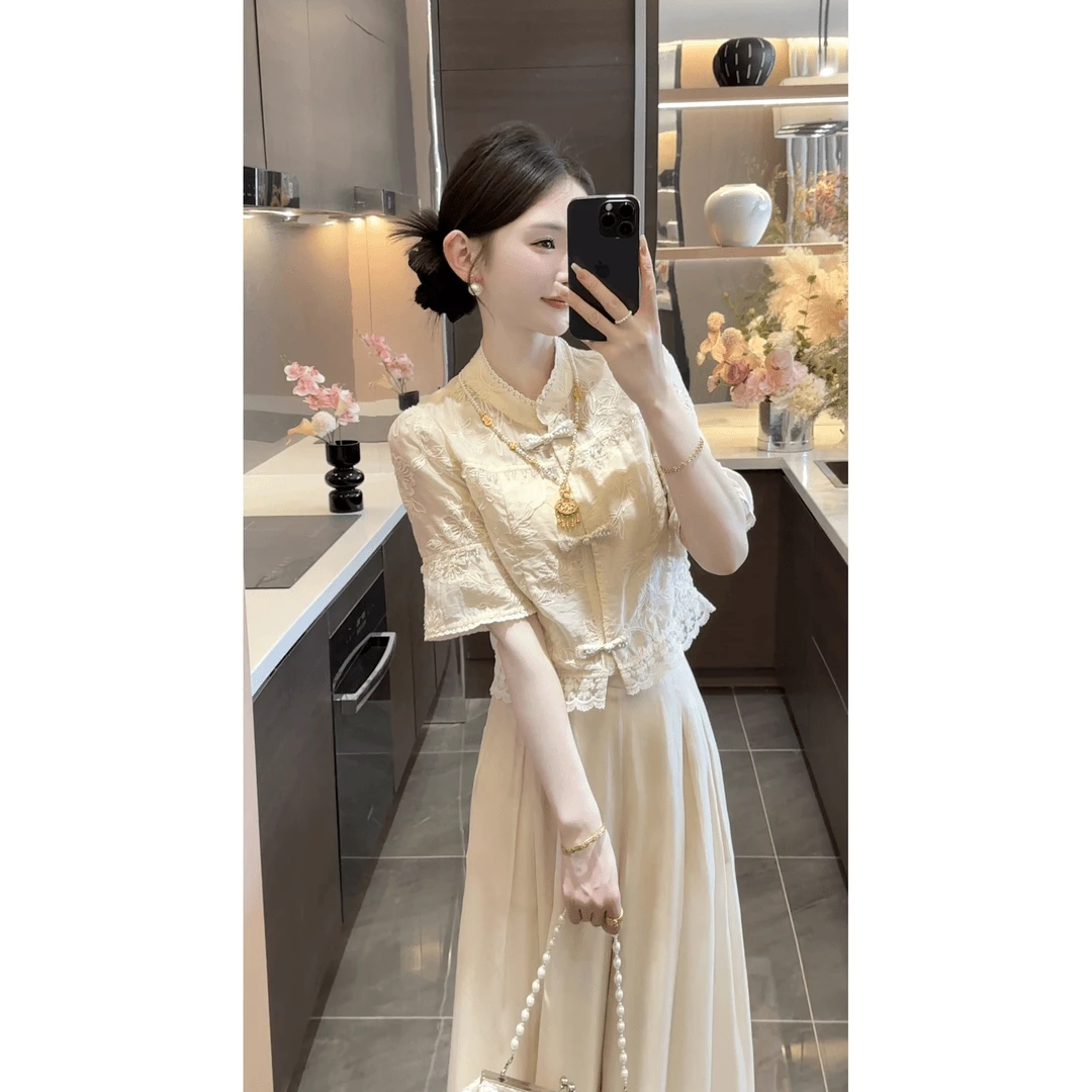 2025新款夏季新中式中国风气质刺绣盘扣蕾丝边上衣高腰显瘦阔腿裤