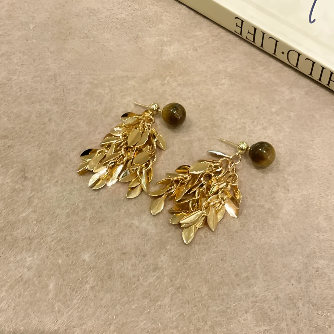 铜合金耳饰  美拉德虎眼石流苏耳环女显瘦秋冬气质耳钉高级感耳饰