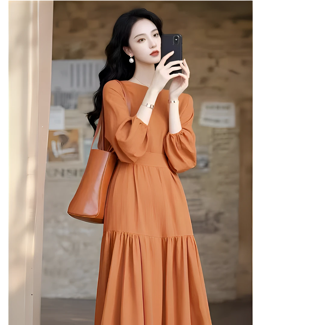 秋季法式气质名媛女神范长裙轻奢高级感温柔风大方小个子连衣裙女