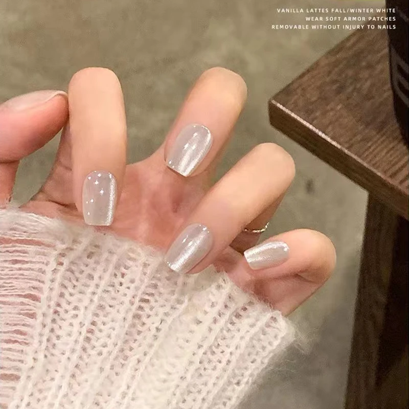 【银色沙滩+固态胶+烤灯】短款（24片全尺码）穿戴甲美甲甲片指甲贴穿
