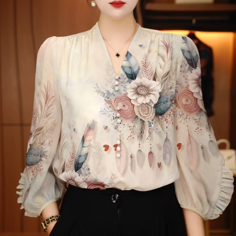 W250129- 新款琉璃双皱丝洋气时尚百搭休闲气质烫钻印花小衫显瘦