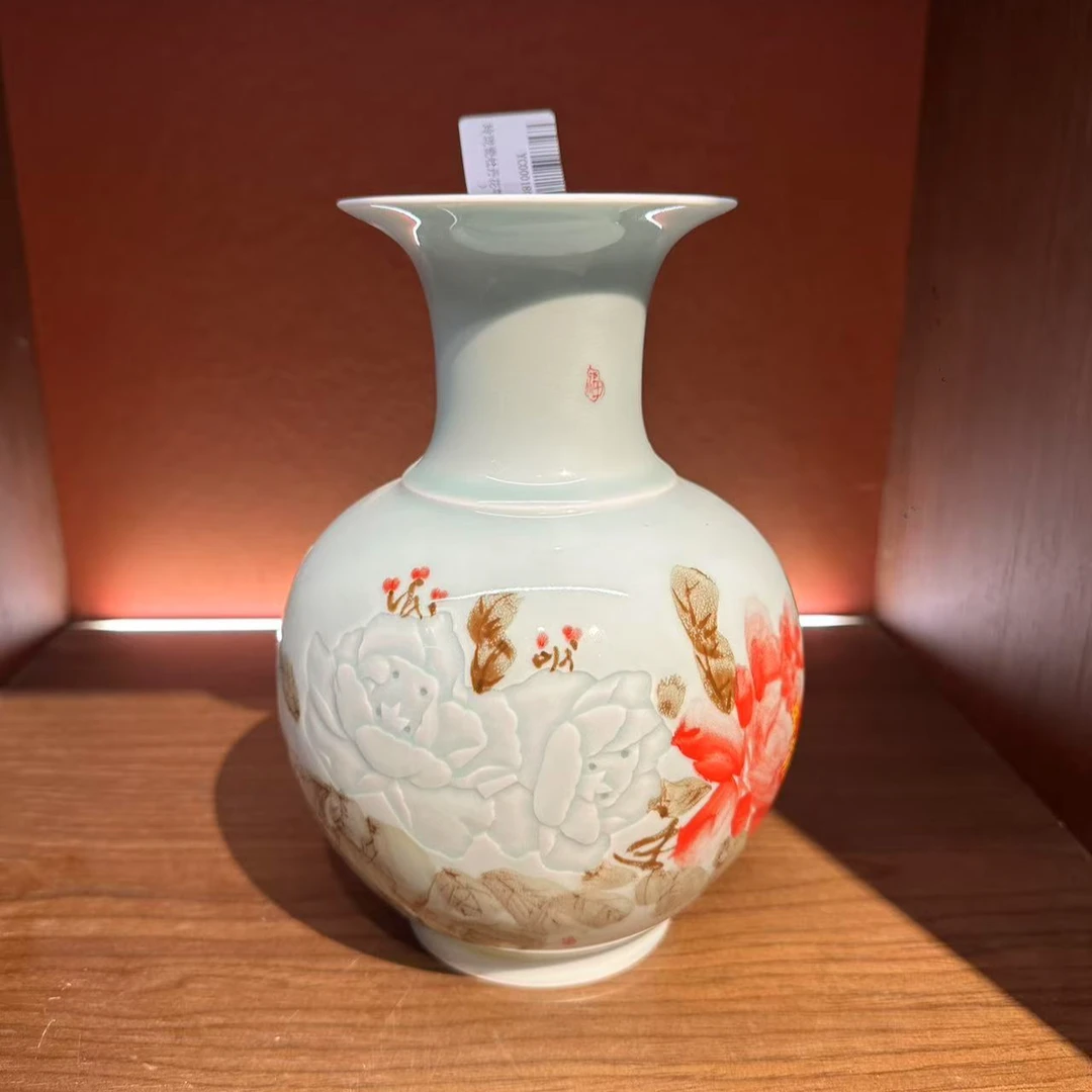 景德镇陶瓷玲珑瓷牡丹花苹果尊（影青）