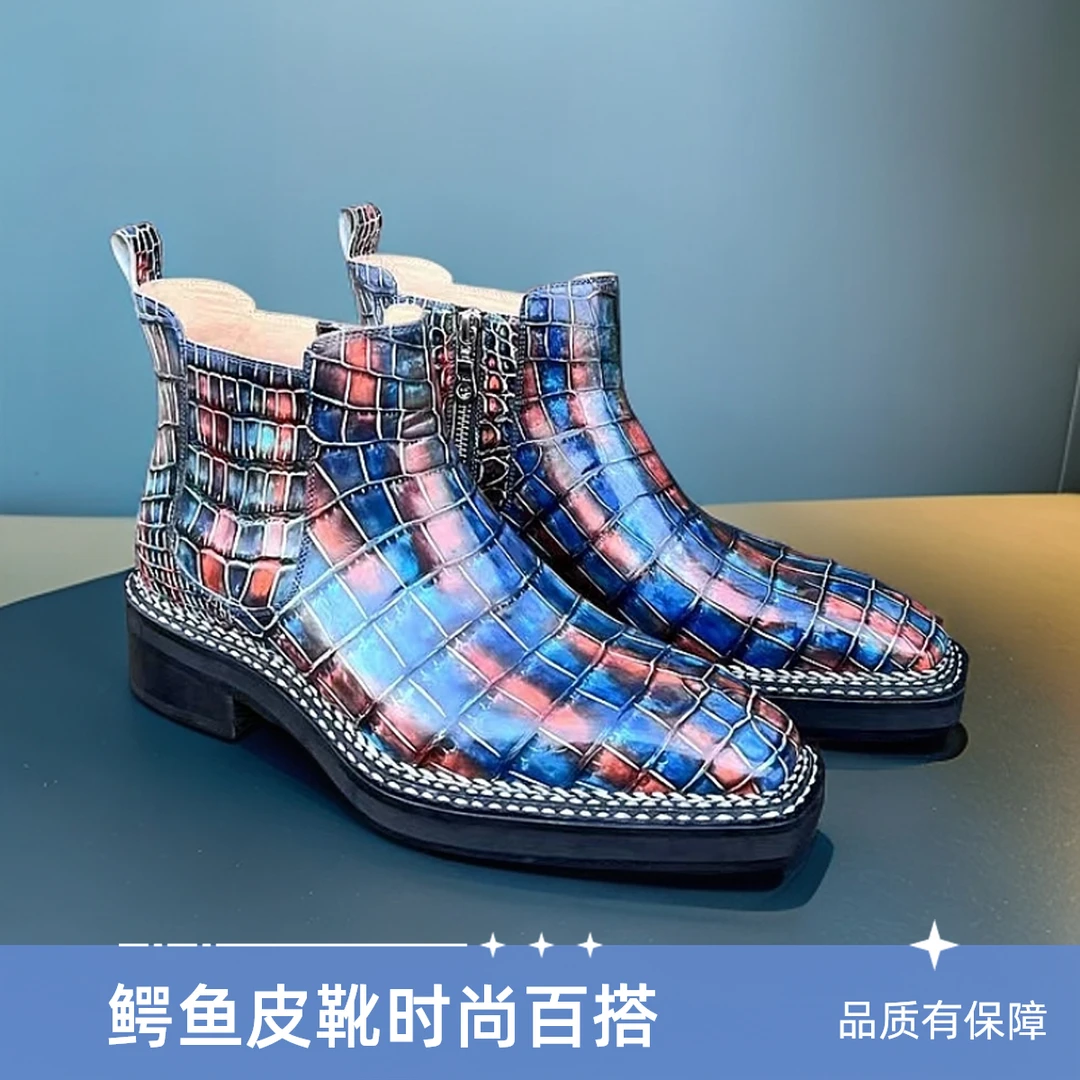 高端手工靴鳄鱼皮挪威缝擦色皮鞋增高英伦风休闲男款时尚百搭短靴