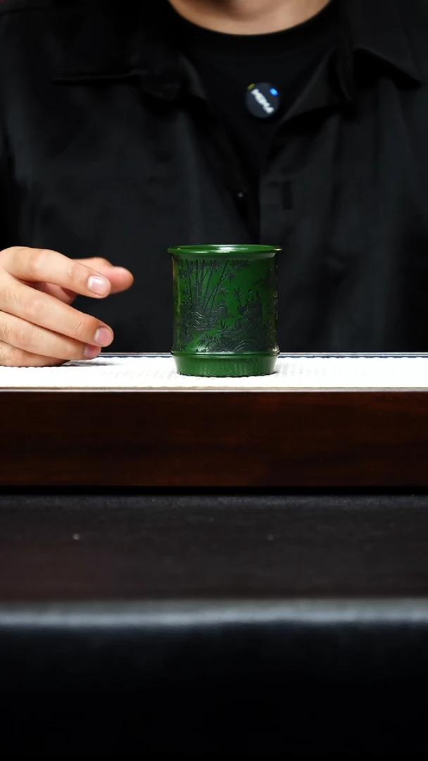 茶壶紫砂宜兴紫砂 主人杯 熊猫竹节 绿泥 任家娟 h214