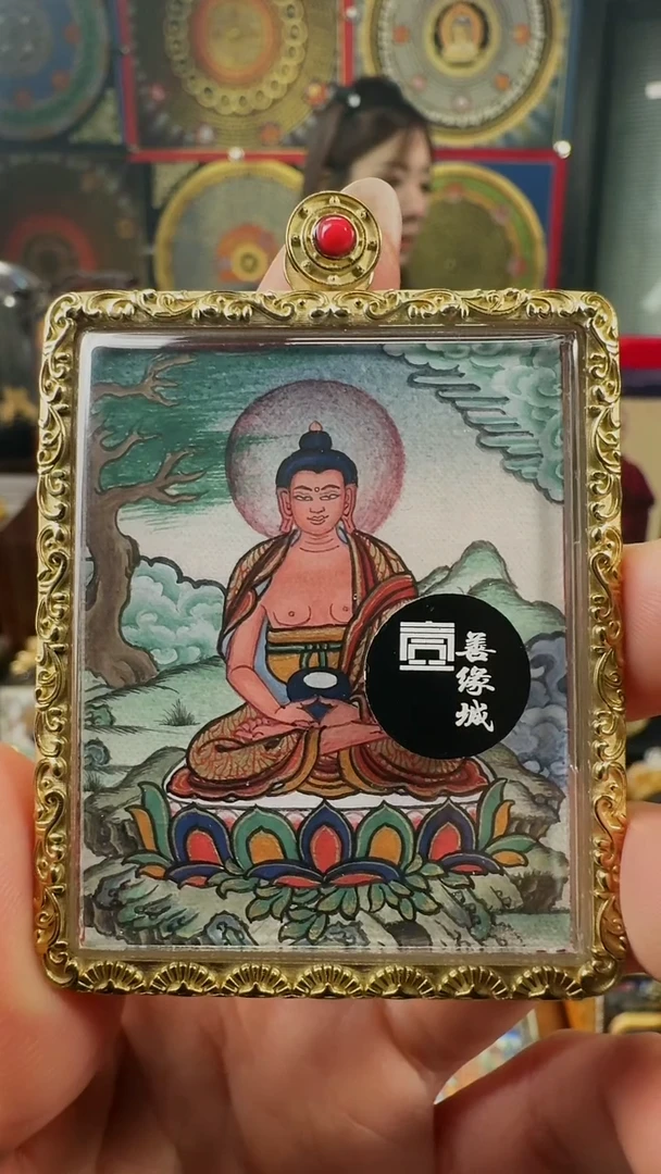 吊坠壹善缘城手绘唐卡阿弥带纯黄铜材质潜水防水壳