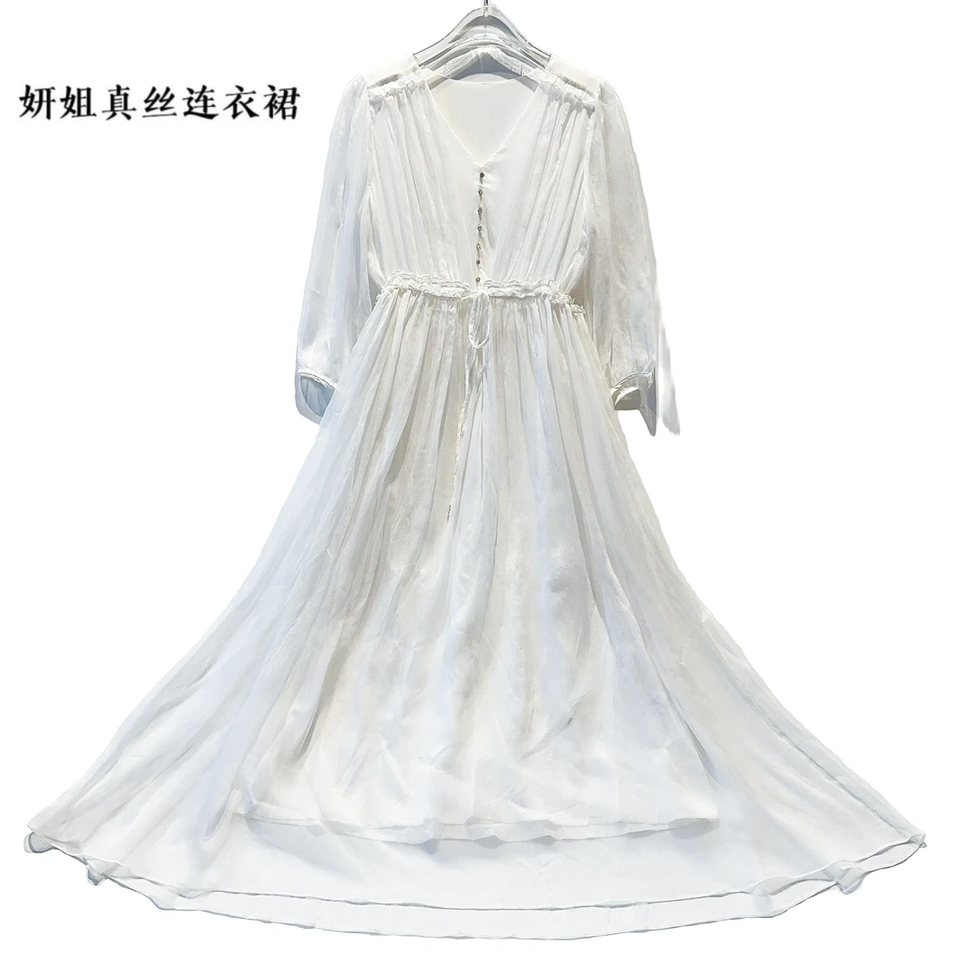 妍姐真丝轻奢V领收腰定位花潮流长款大摆女装白色气质231863-23