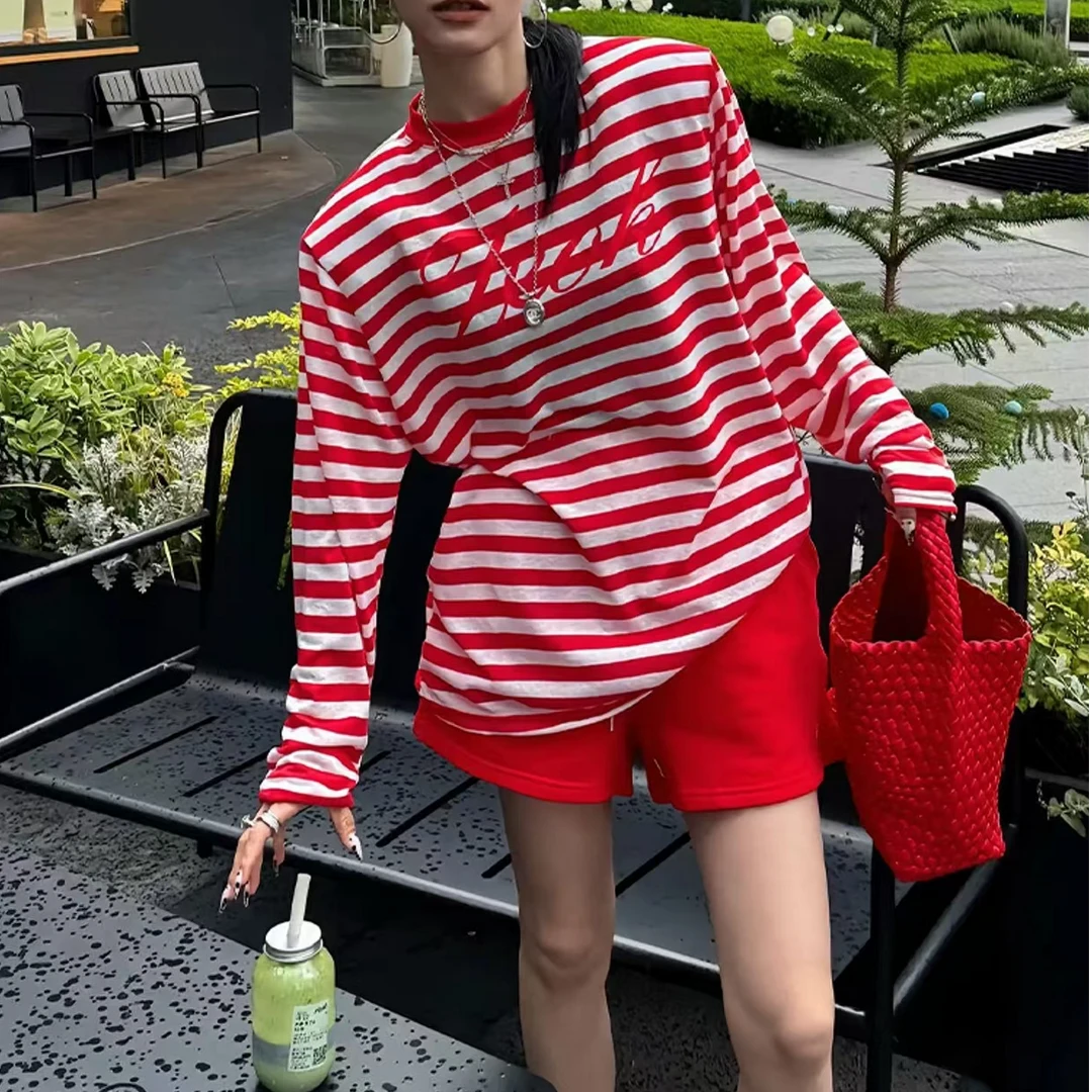 女装禅意仙气飘飘2025新款韩系不撞衫设计针织红色条纹t恤上衣秋