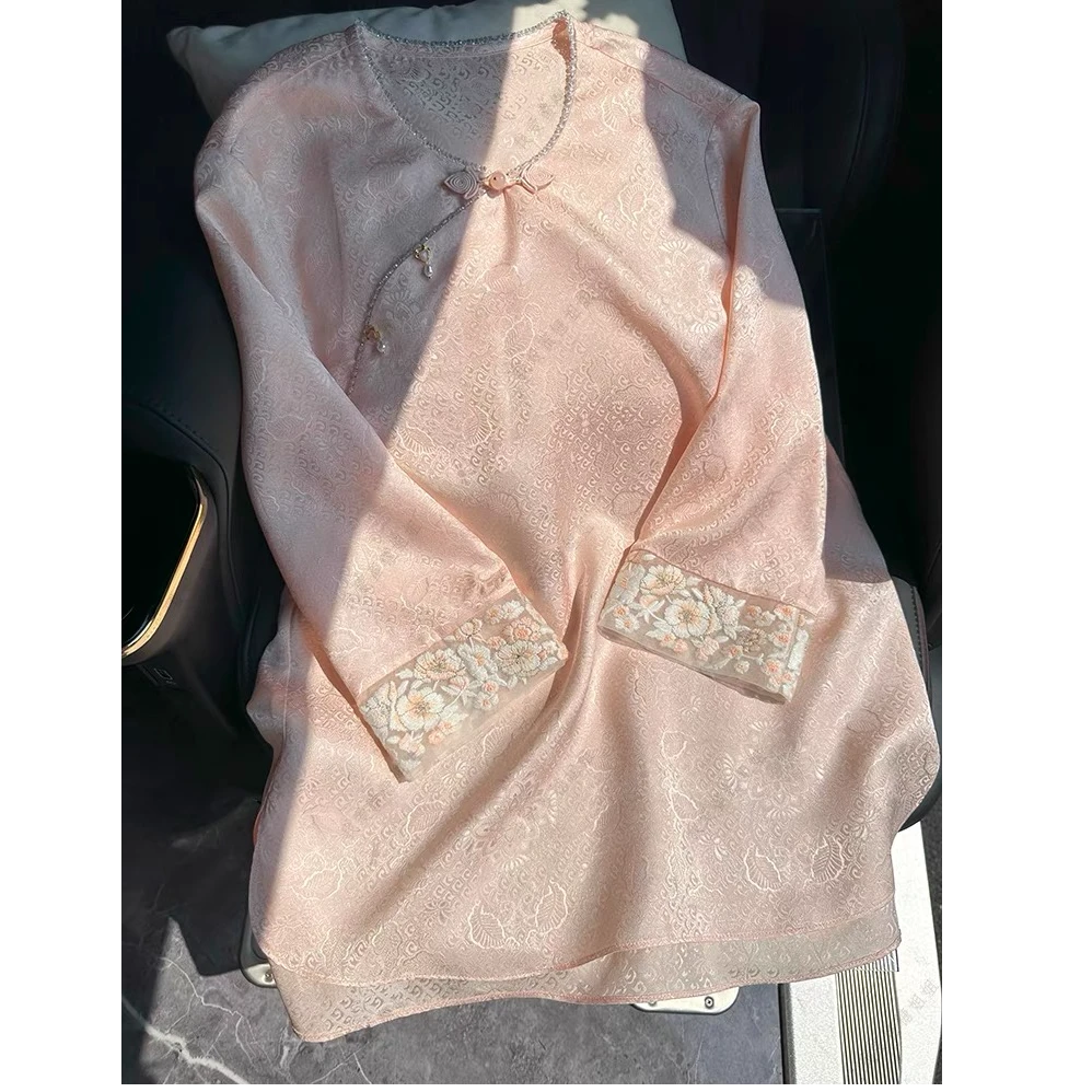 南油桑蚕丝新中式国风提花撞色盘扣刺绣斜襟领衬衫中袖上衣女春夏