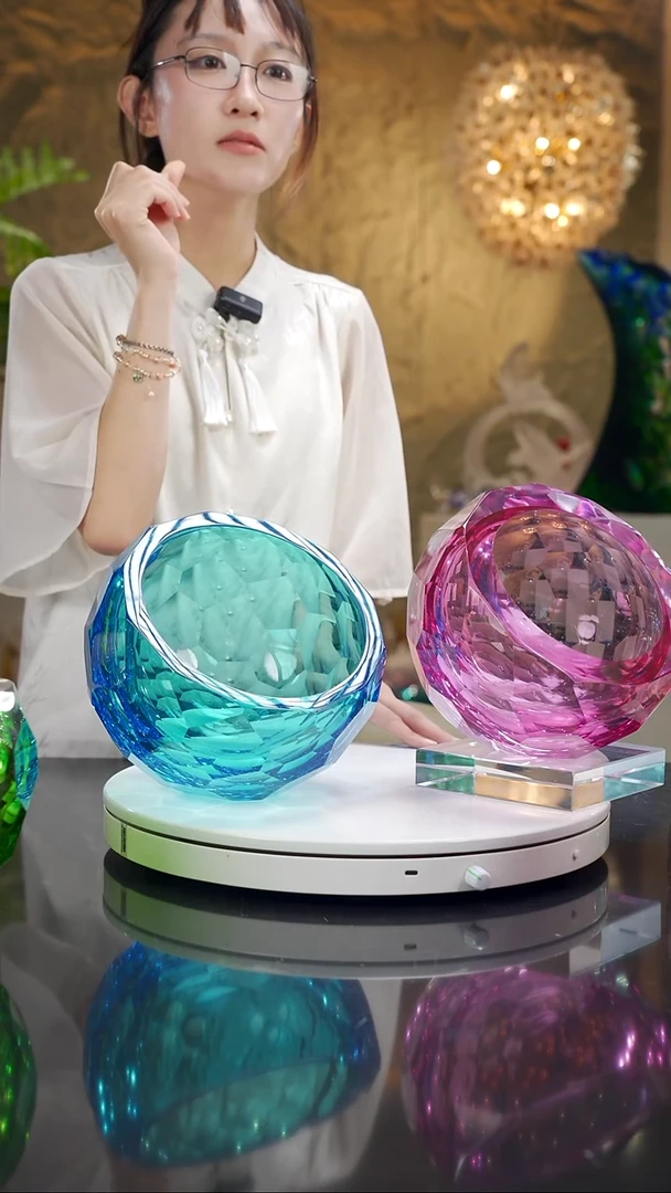 手工艺品琉璃波**仔金红切面聚宝盆带底座