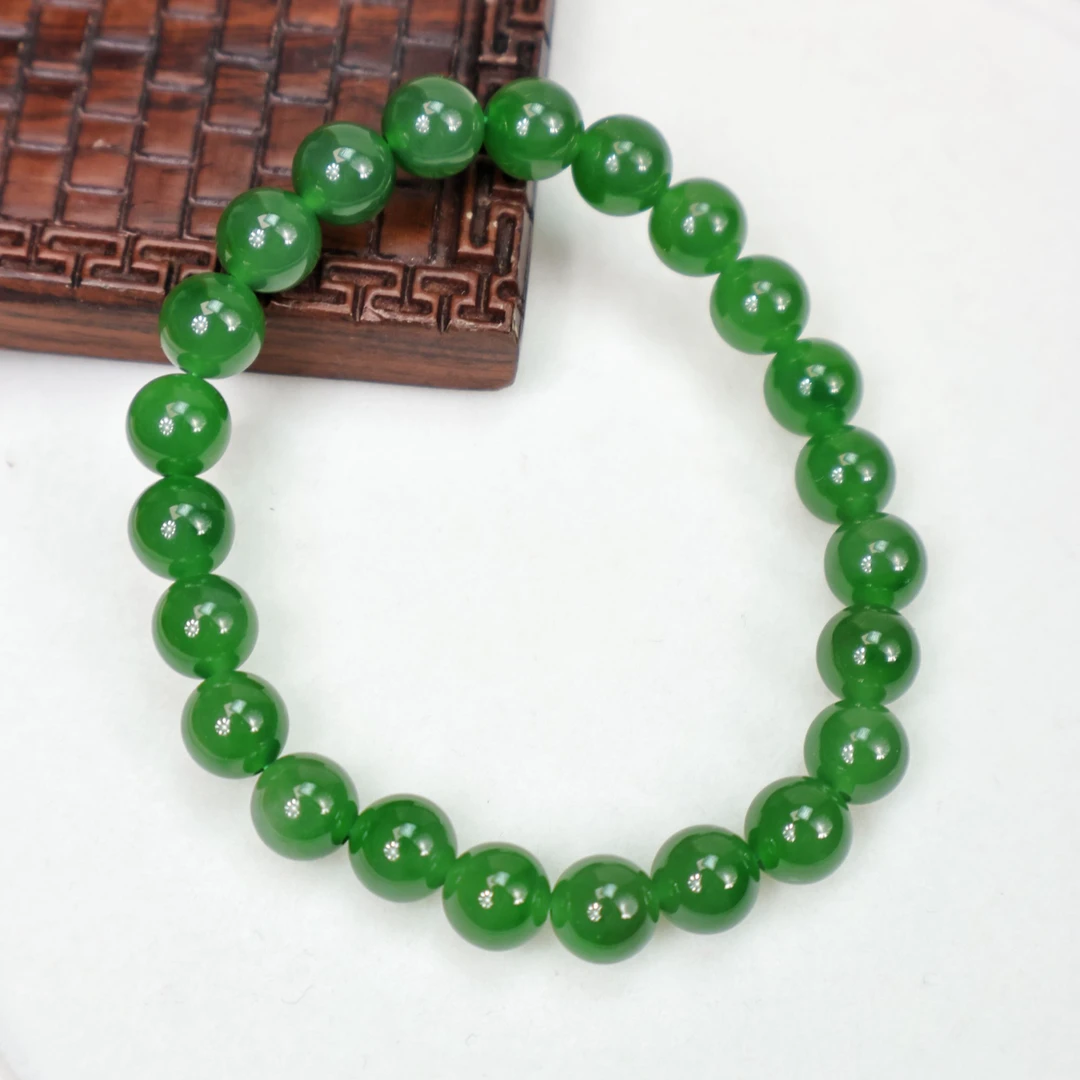 【一源珠宝】天然和田玉碧玉冰底阳绿8MM手串 福利 微黑