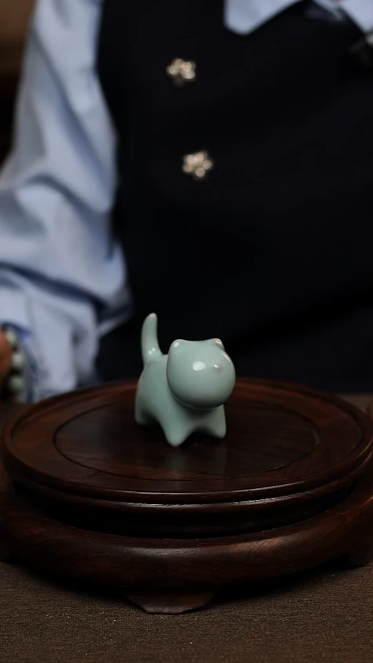 瓷片天青色茶宠小猫咪微瑕不带礼盒