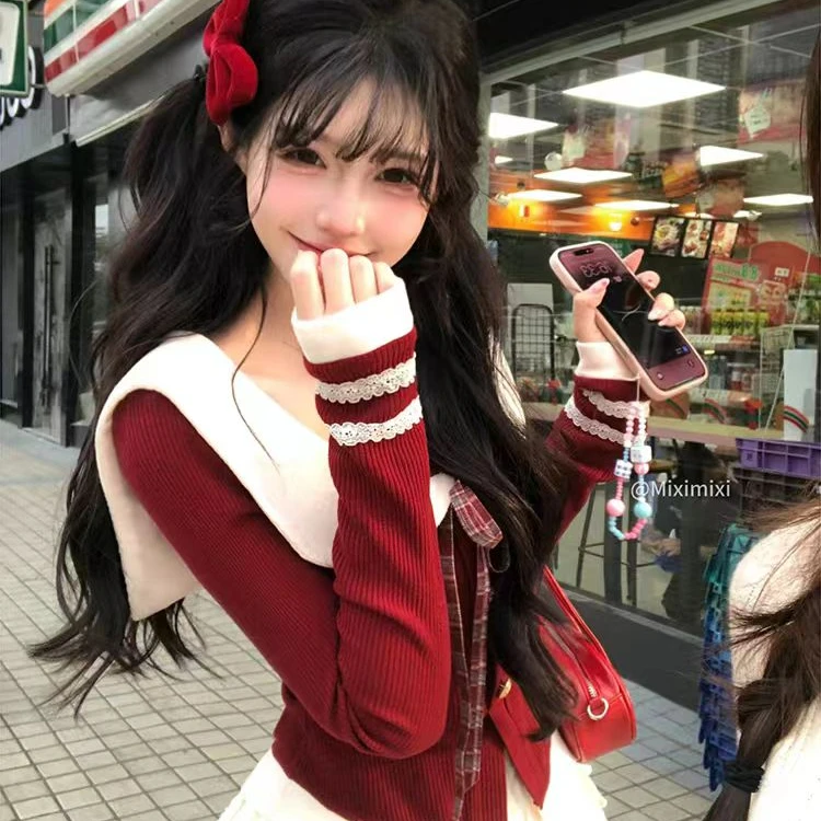 美式甜心秋冬学院风修身显瘦长袖上衣半身裙